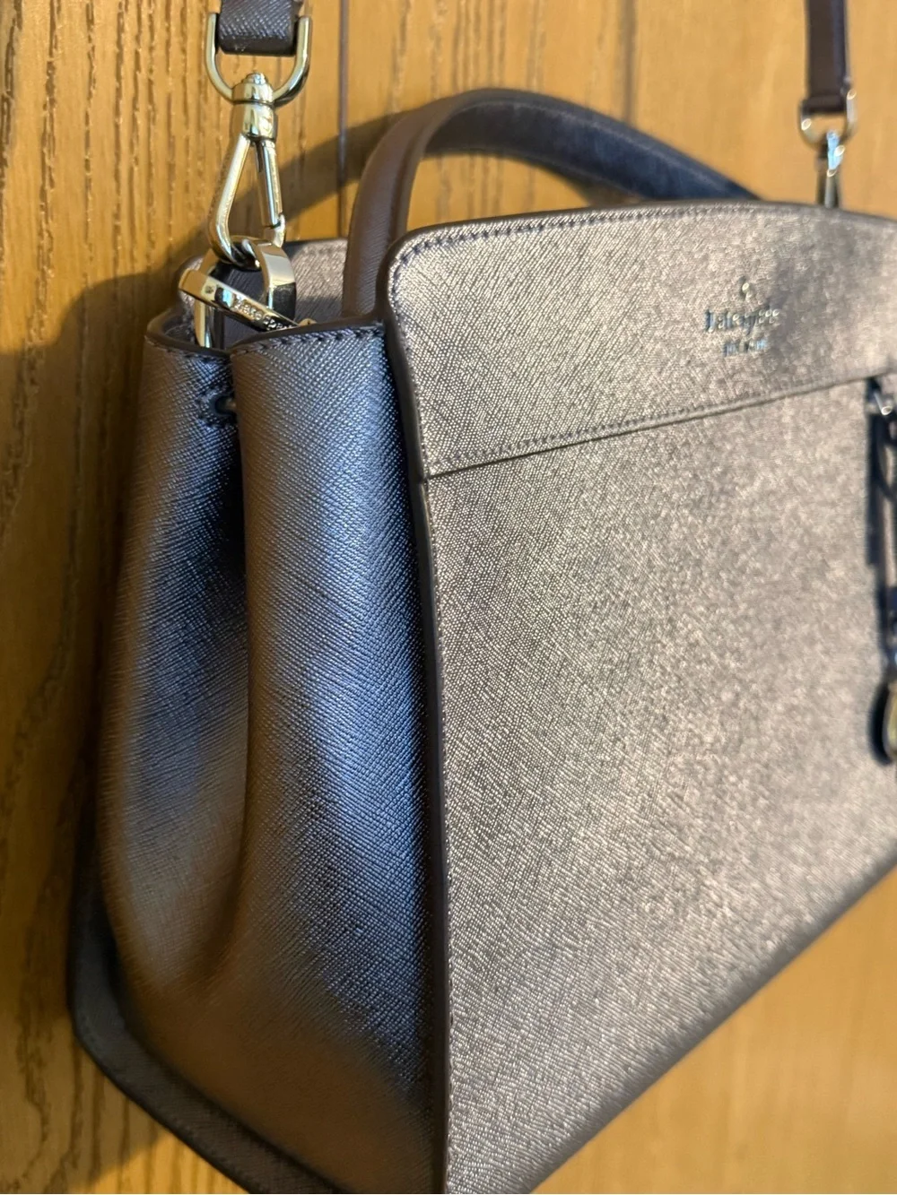 kate spade metallic pewter top-handle satchel with charm